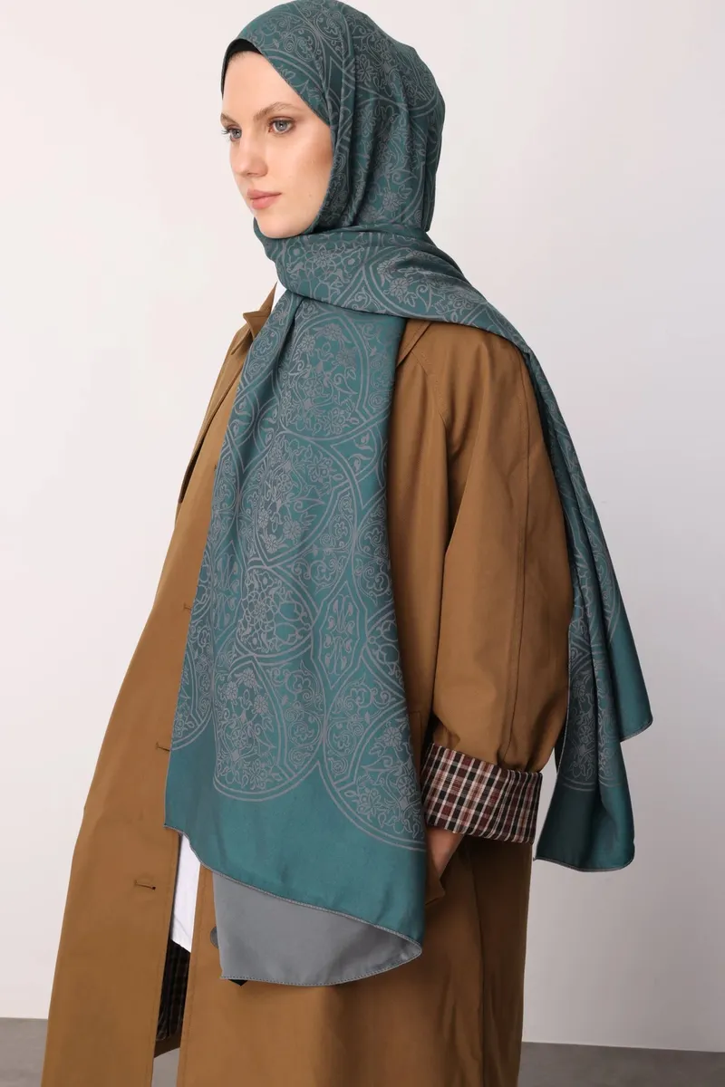 Koyu Gri-Zümrüt Morocco Desen Çift Taraflı Şal