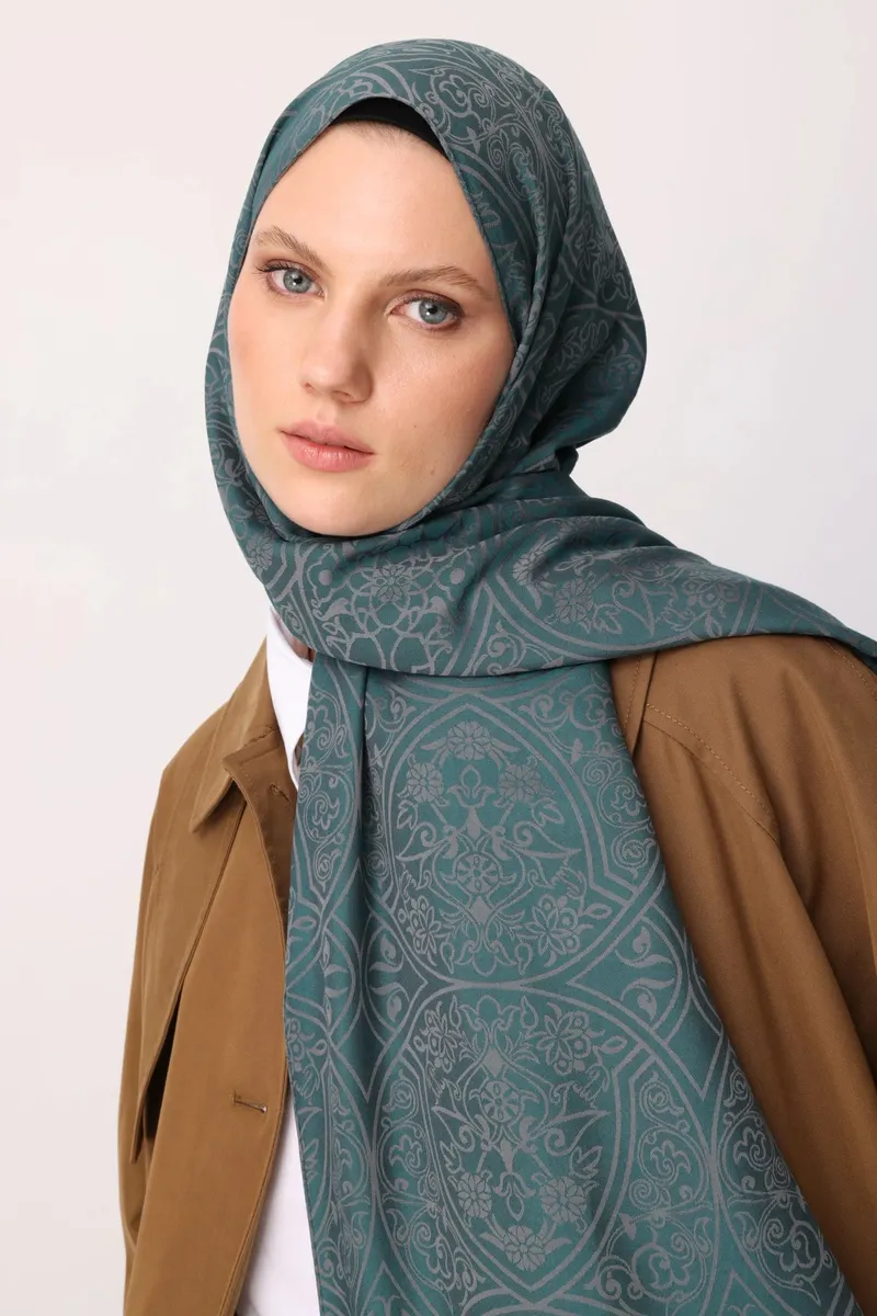 Koyu Gri-Zümrüt Morocco Desen Çift Taraflı Şal