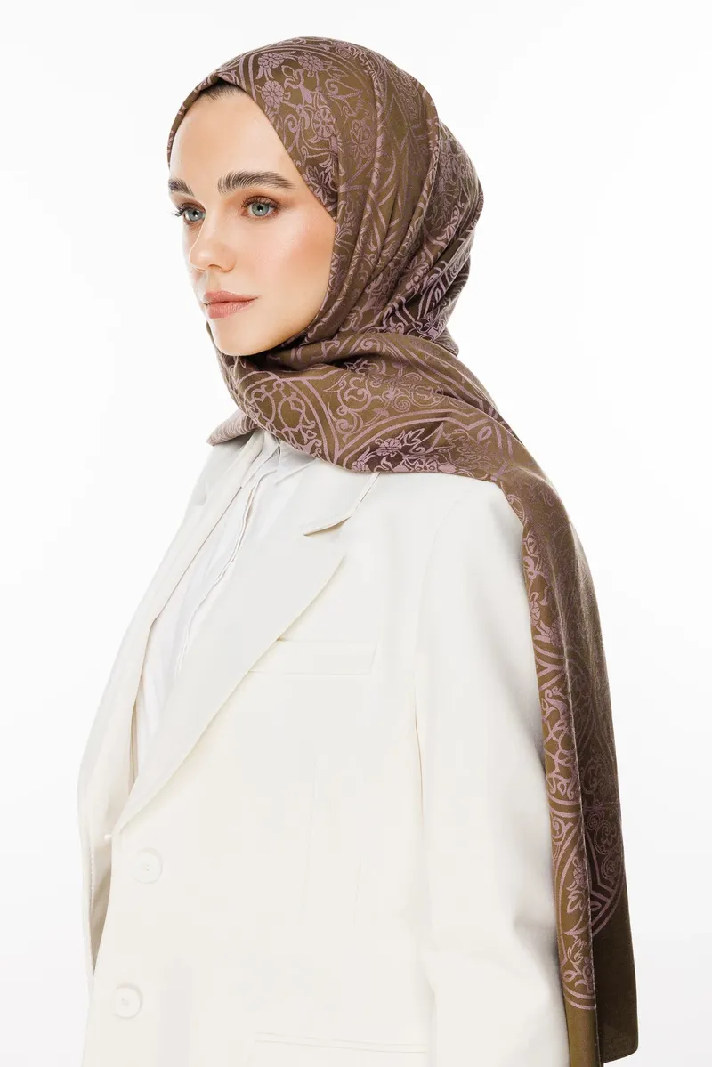 Koyu Haki-Koyu Gül Kurusu Morocco Desen Çift Taraflı Şal