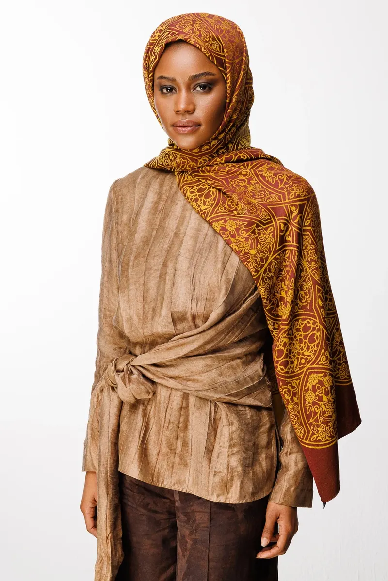 Mürdüm-Sarı Morocco Desen Çift Taraflı Şal
