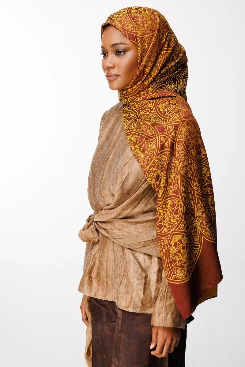 Mürdüm-Sarı Morocco Desen Çift Taraflı Şal