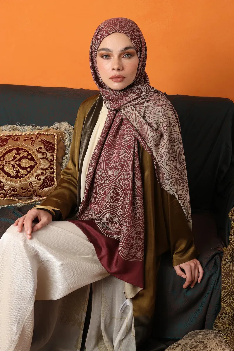 Mürdüm-Somon Morocco Desen Çift Taraflı Şal