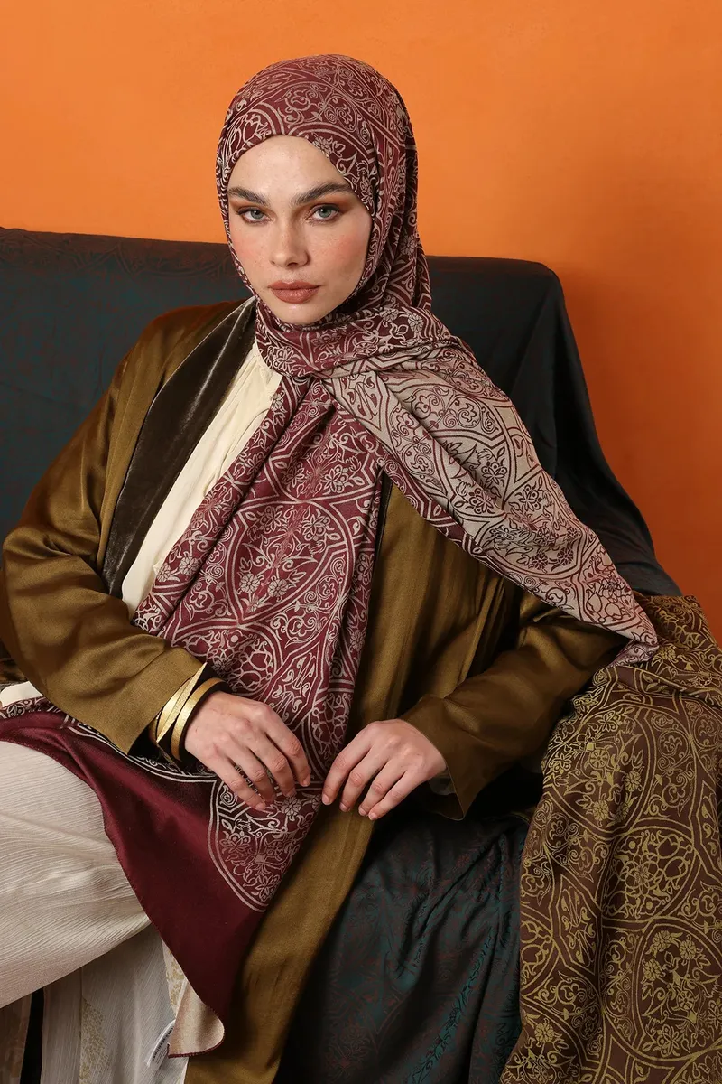 Mürdüm-Somon Morocco Desen Çift Taraflı Şal