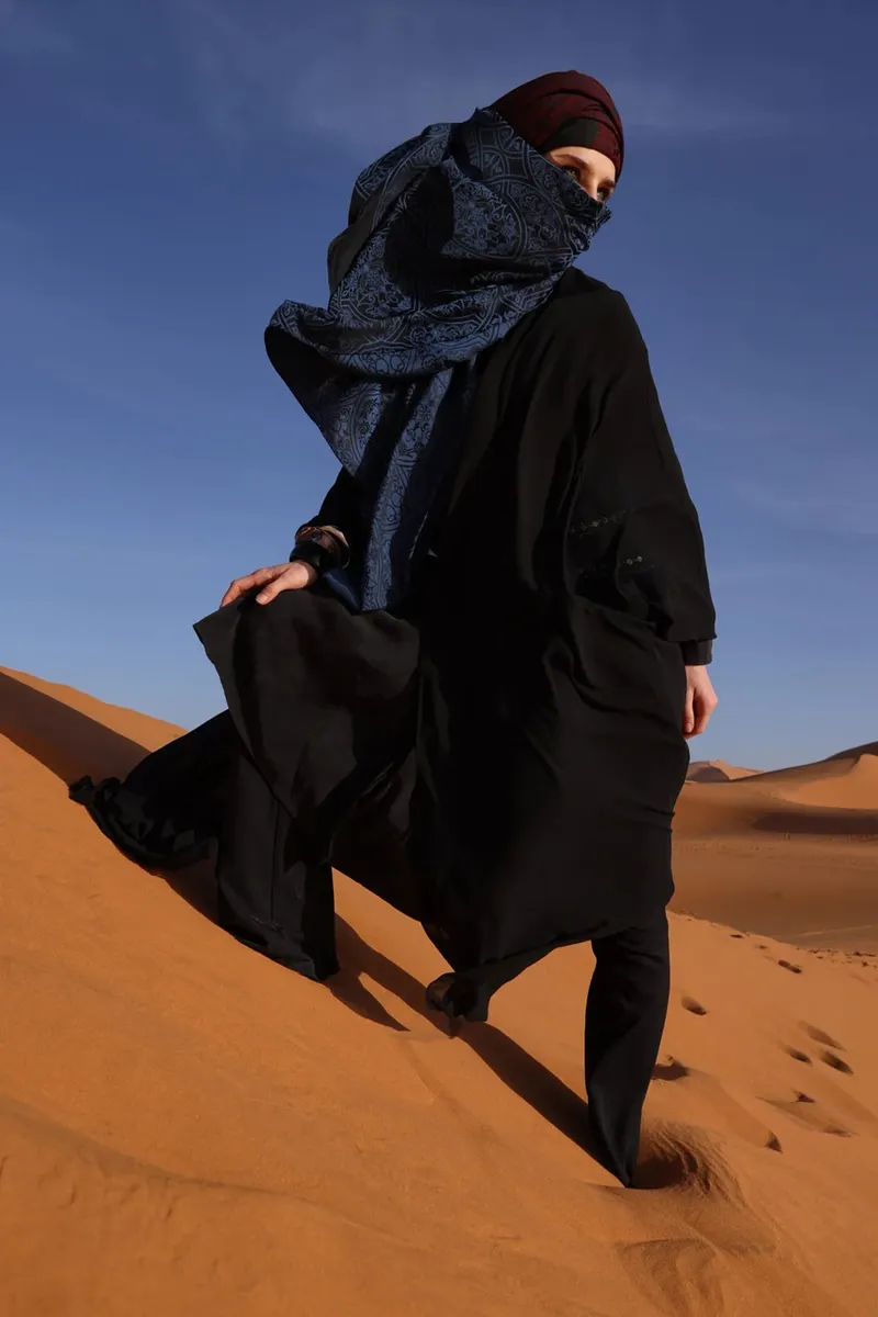 Siyah-İndigo Morocco Desen Çift Taraflı Şal