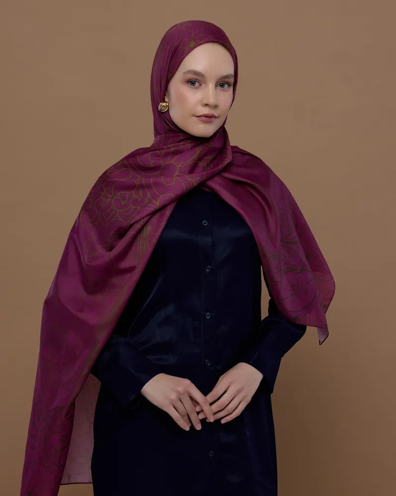 Mürdüm & Zeytin Çiçeği Efsunlu Desen Şal - 23