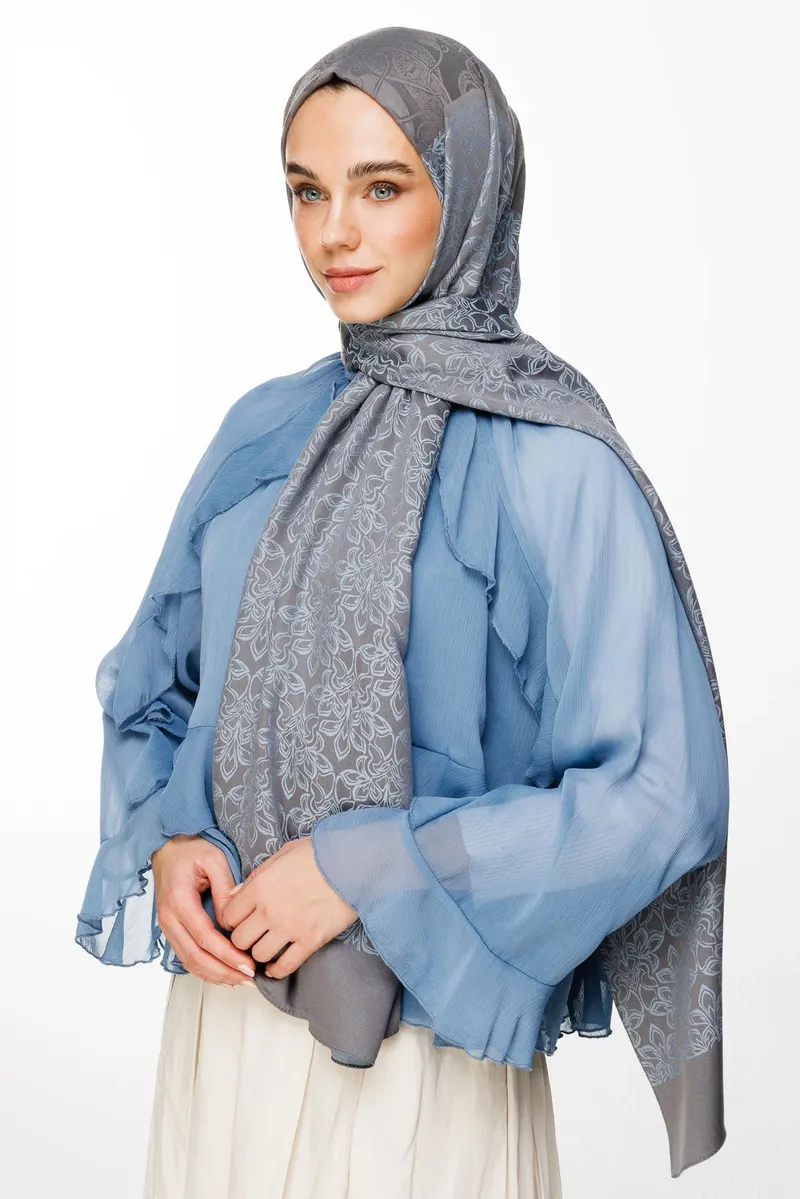 Koyu Gri-Açık Mavi Nora Desen Çift Taraflı Şal