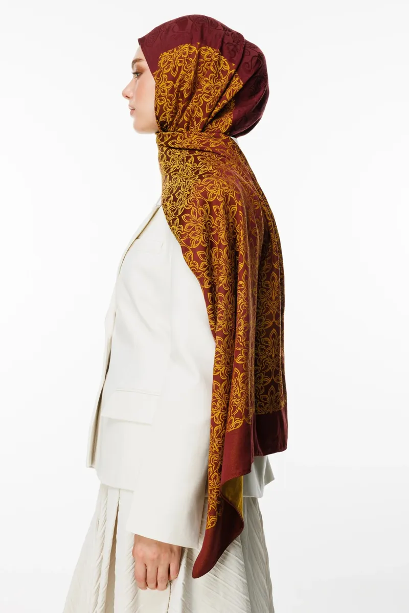 Mürdüm-Sarı Nora Desen Çift Taraflı Şal