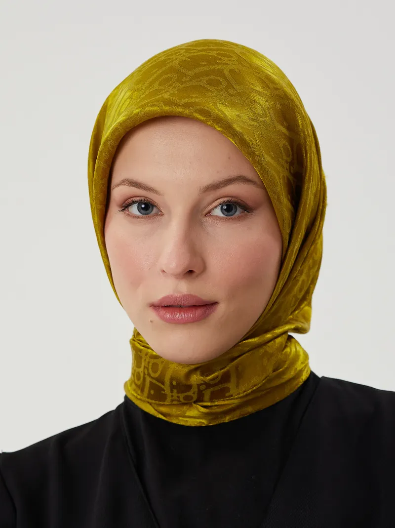 Olive Yeşil D Desen Parlak Jakar Eşarp