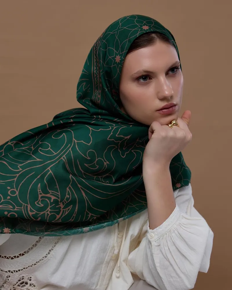 Orman Yeşili & Bronz Şafak Efsunlu Desen Şal - 19
