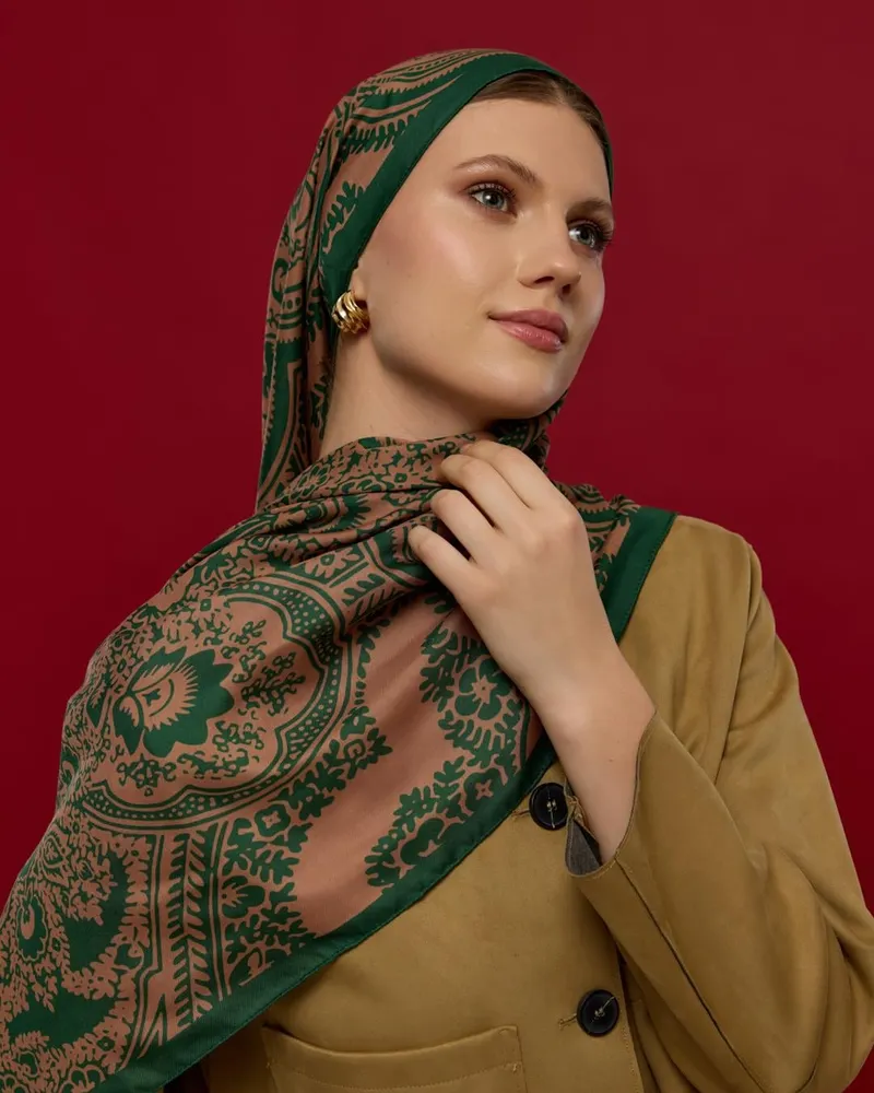 Orman Yeşili & Bronz Şafak Sultani Desen Şal - 19