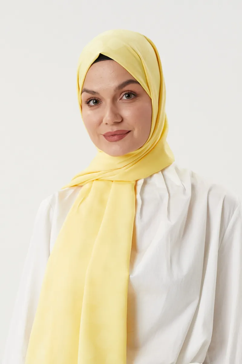Pastel Sarı Taş Desen İpeksi Jakar Şal