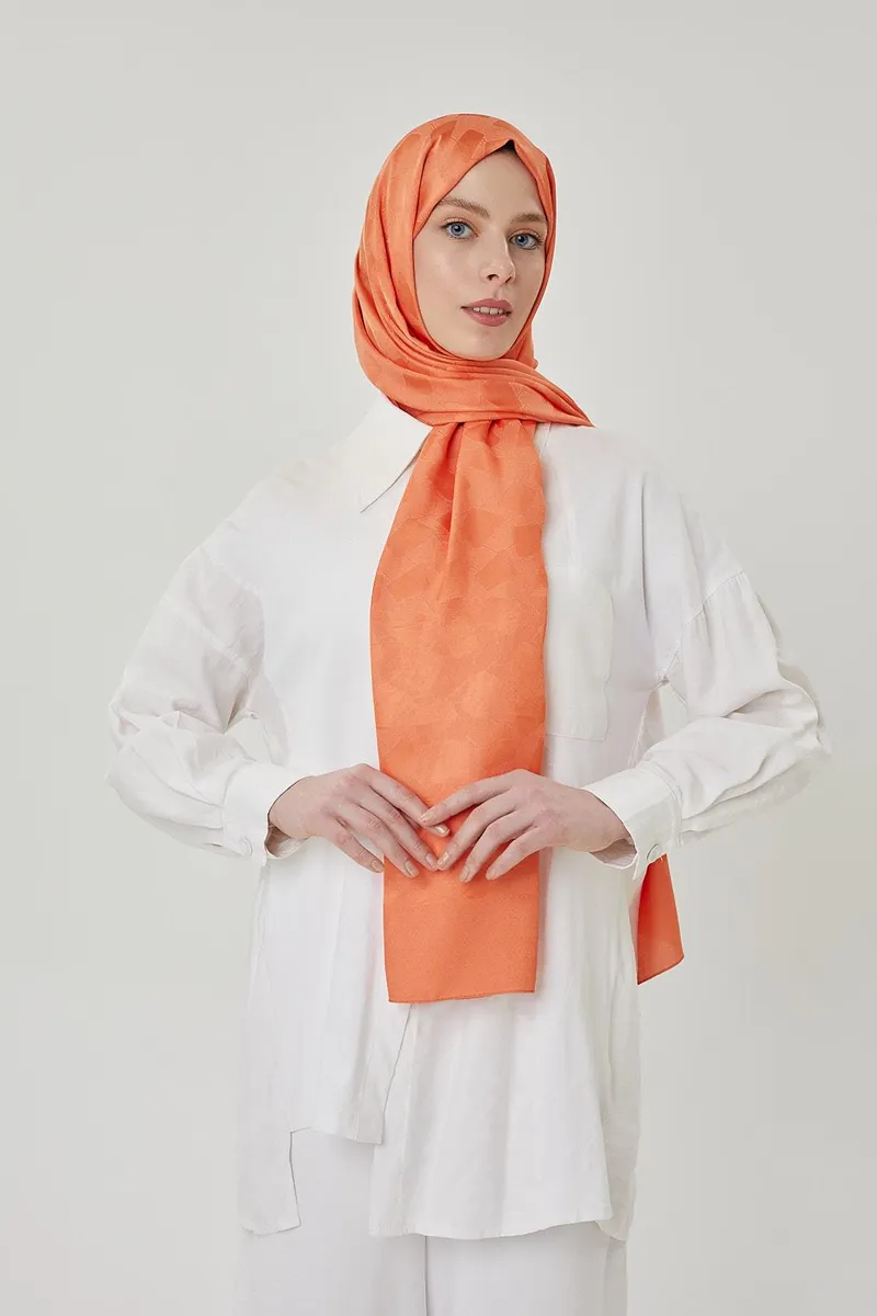 Pastel Turuncu Taş Desen İpeksi Jakar Şal