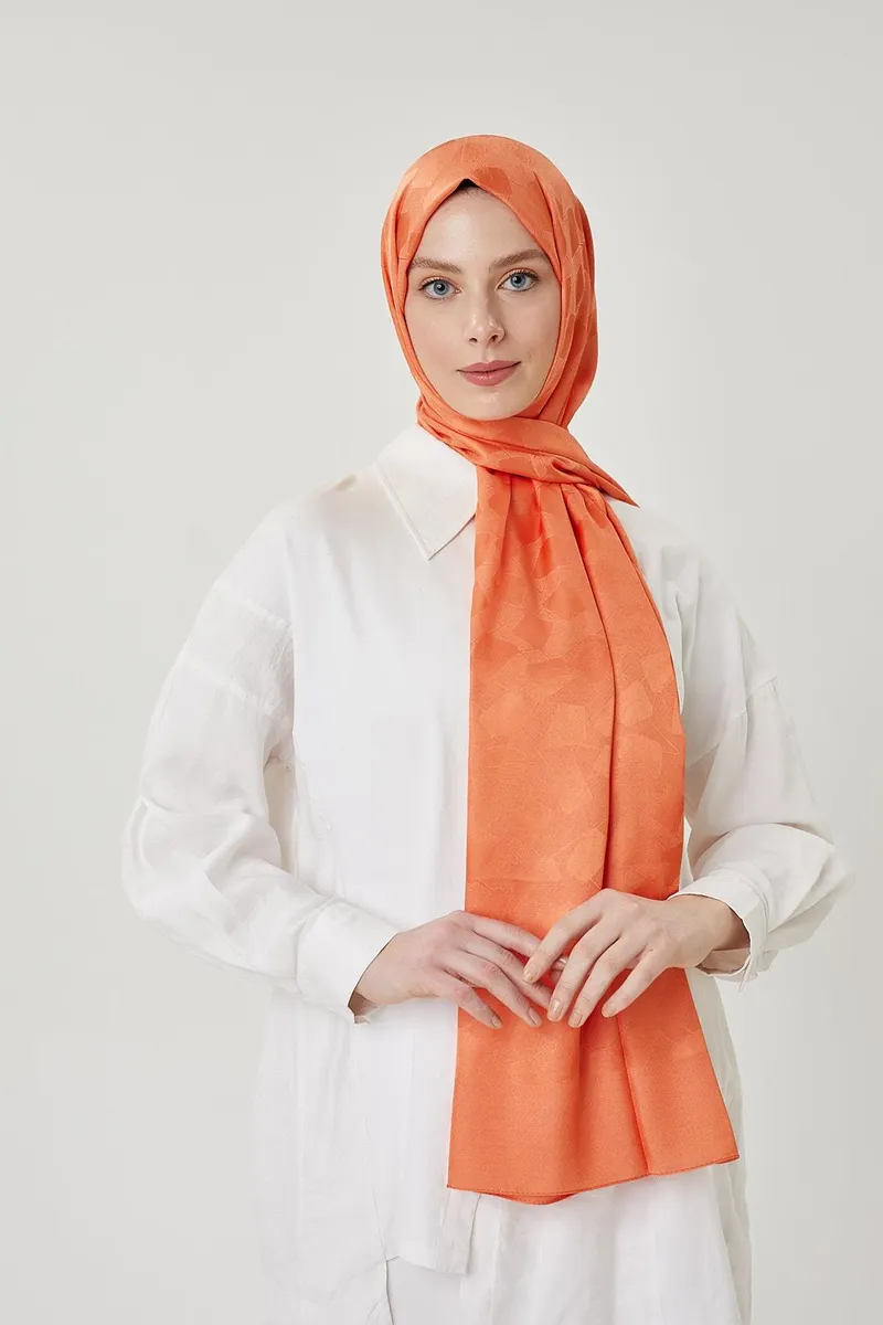Pastel Turuncu Taş Desen İpeksi Jakar Şal