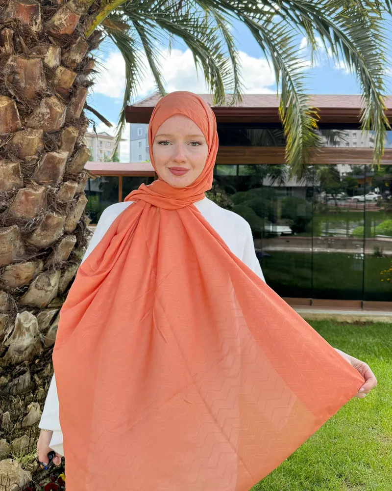Pastel Turuncu Zikzak Lyocell Bambu Jakar Şal