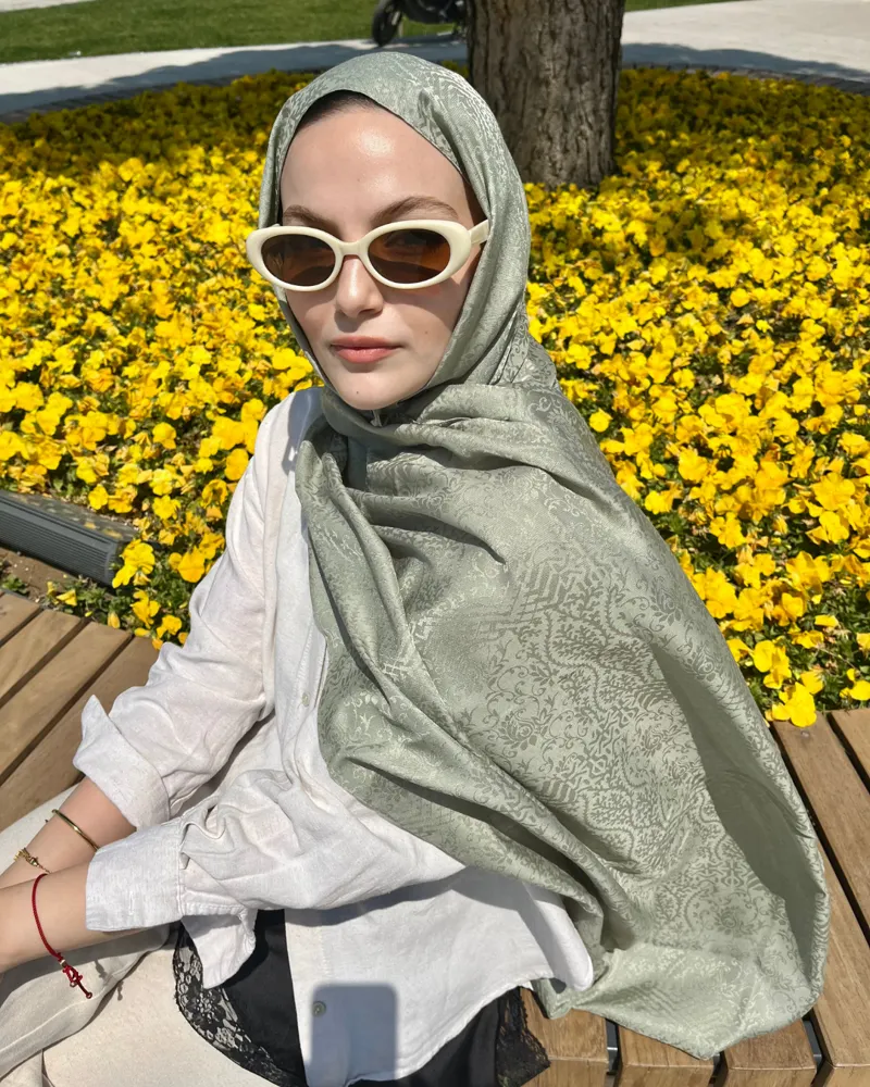 Pastel Yeşil Lavin Desen Jakar Şal