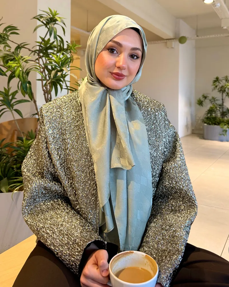 Pastel Yeşili Damier Desen Jakar Şal