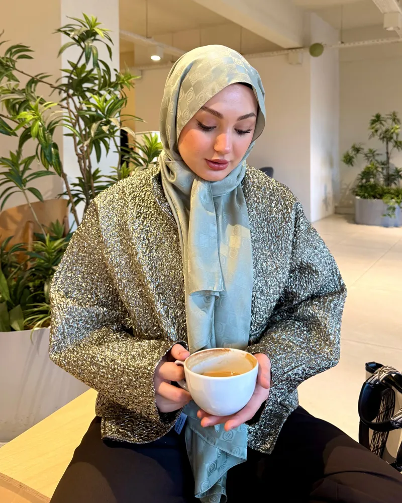 Pastel Yeşili Damier Desen Jakar Şal