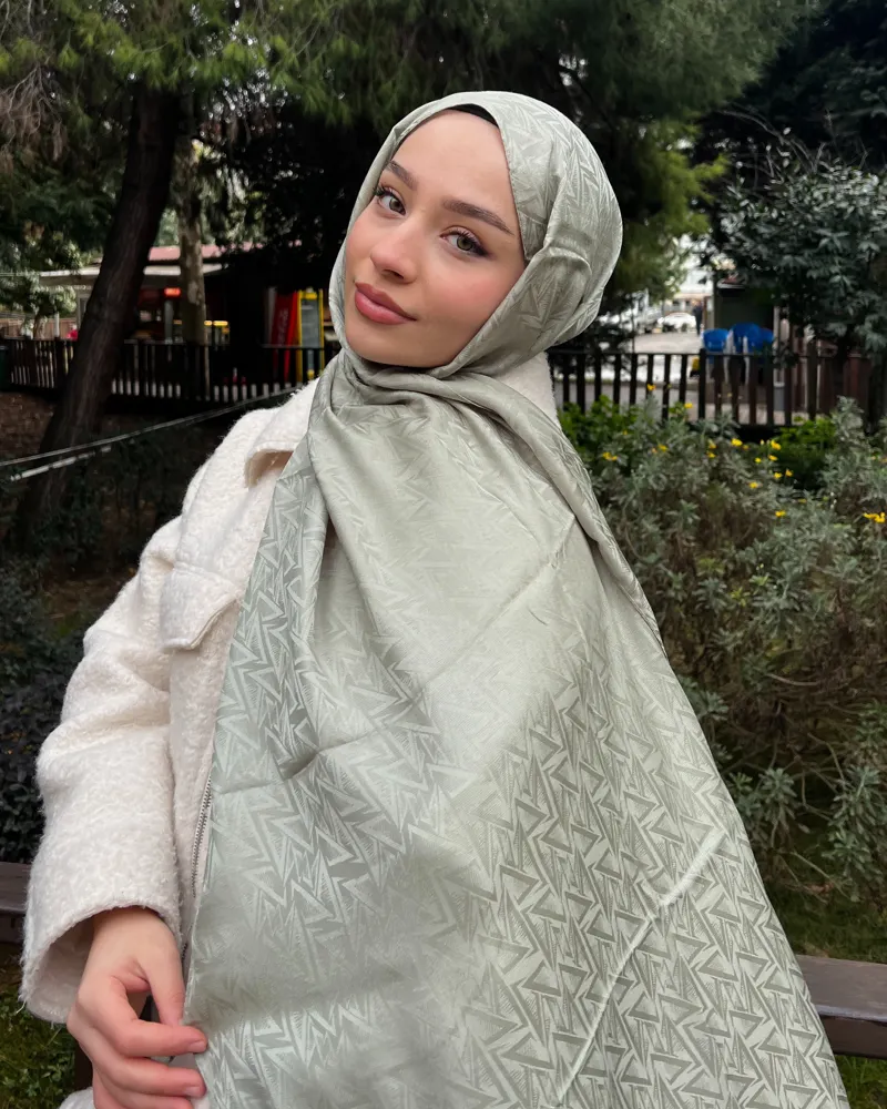 Pastel Yeşili Triya Desen Jakar Şal