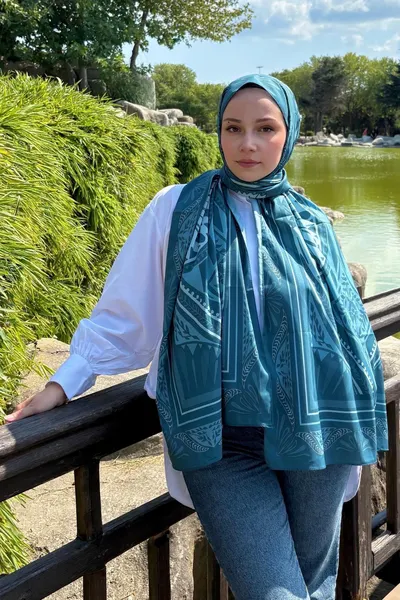 Petrol Zümra Desen Pamuk Vual Şal · Petrol
