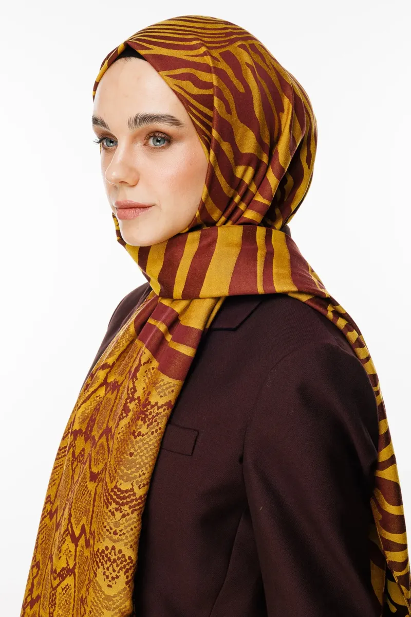 Mürdüm-Sarı Riad Desen Çift Taraflı Şal