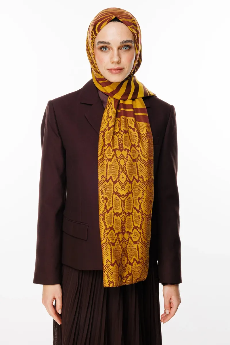 Mürdüm-Sarı Riad Desen Çift Taraflı Şal · görsel 3