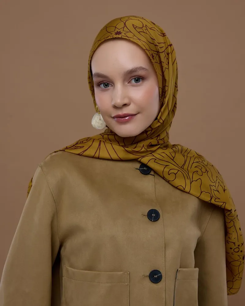 Saf Altın & Tarçın Rüzgarı Efsunlu Desen Şal - 32