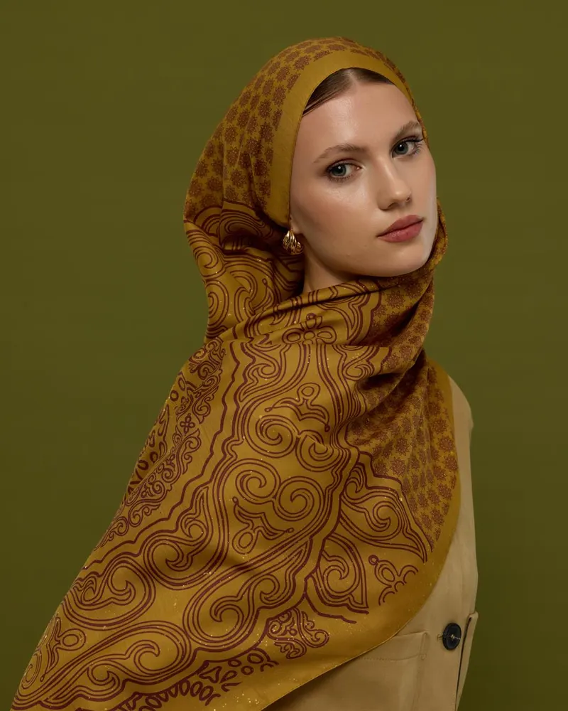 Saf Altın & Tarçın Rüzgarı Bala Hatun Desen Şal - 32