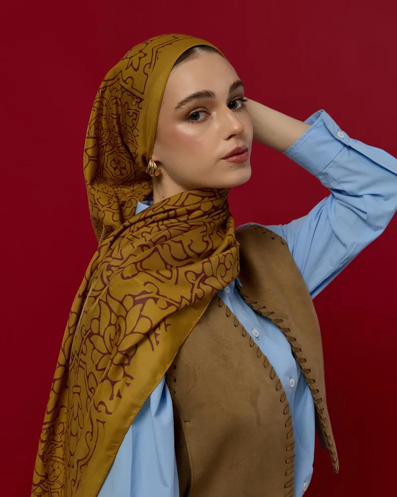 Saf Altın & Tarçın Rüzgarı Harem Rüyası Desen Şal - 32