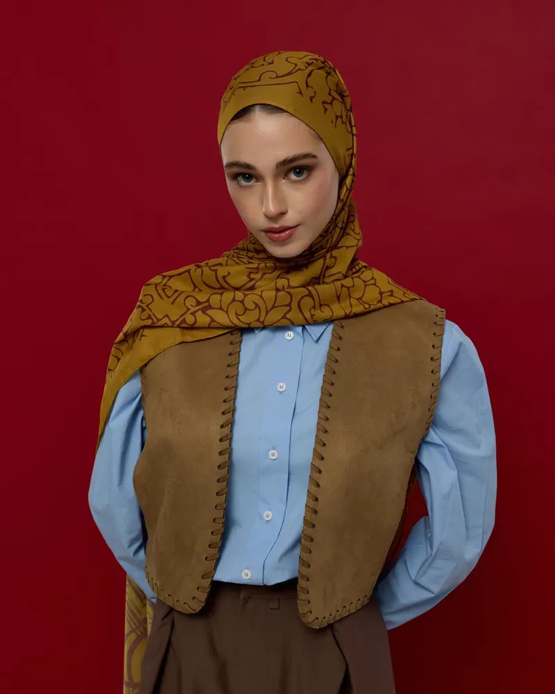 Saf Altın & Tarçın Rüzgarı Harem Rüyası Desen Şal - 32