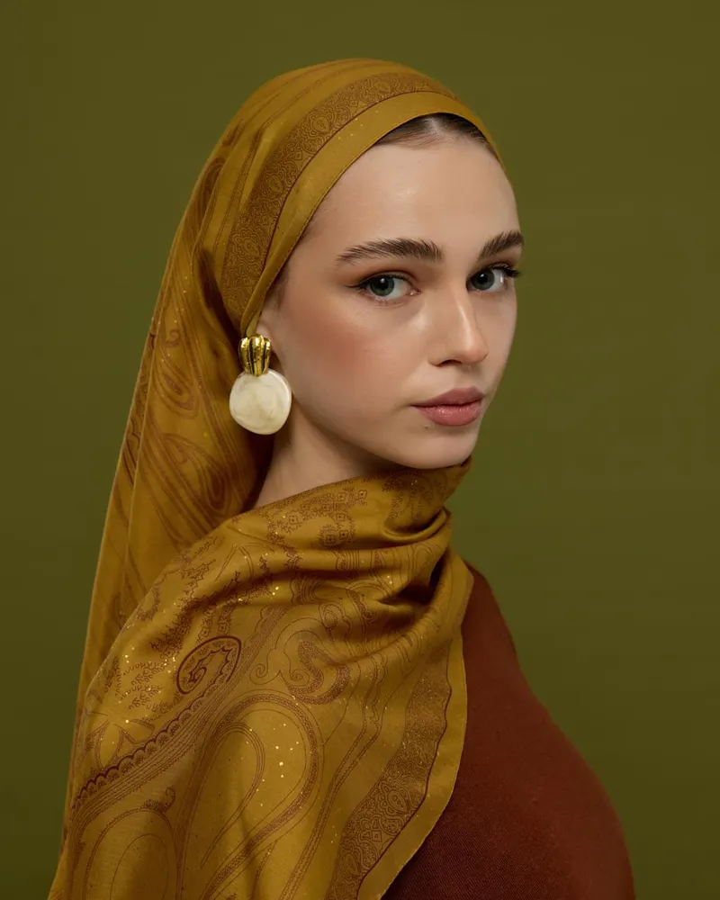 Saf Altın & Tarçın Rüzgarı Hürrem Desen Şal - 32