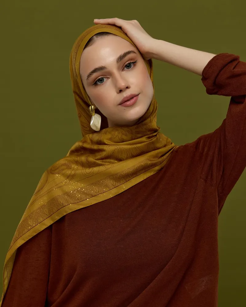 Saf Altın & Tarçın Rüzgarı Hürrem Desen Şal - 32