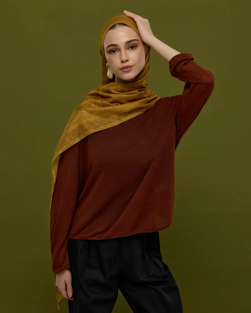 Saf Altın & Tarçın Rüzgarı Hürrem Desen Şal - 32