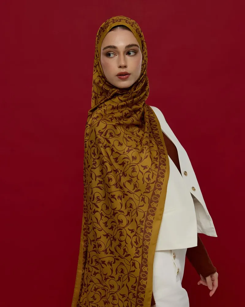 Saf Altın & Tarçın Rüzgarı Lale Bahçesi Desen Şal - 32