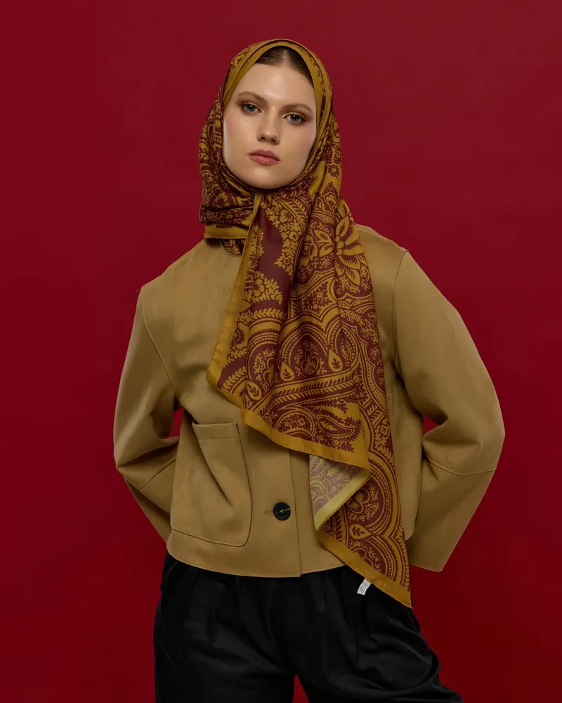 Saf Altın & Tarçın Rüzgarı Sultani Desen Şal - 32