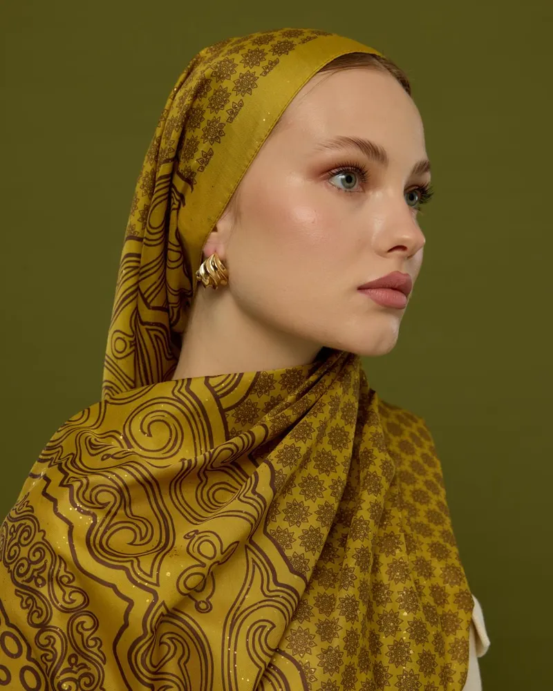 Saf Sarı & Buhur Kahvesi Bala Hatun Desen Şal - 44