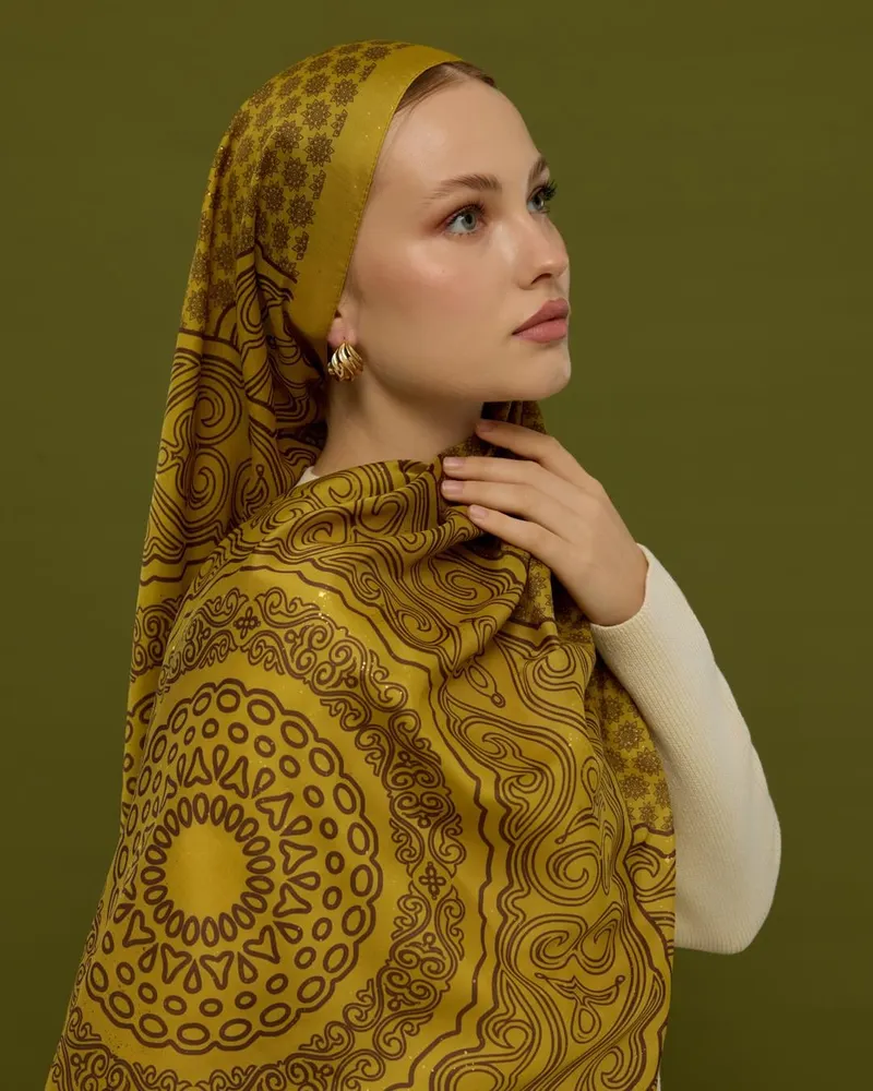 Saf Sarı & Buhur Kahvesi Bala Hatun Desen Şal - 44