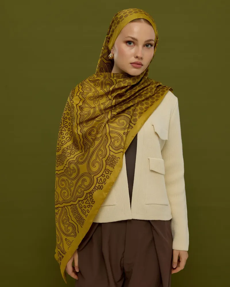 Saf Sarı & Buhur Kahvesi Bala Hatun Desen Şal - 44