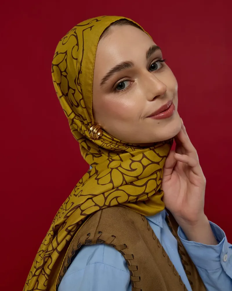 Saf Sarı & Buhur Kahvesi Harem Rüyası Desen Şal - 44