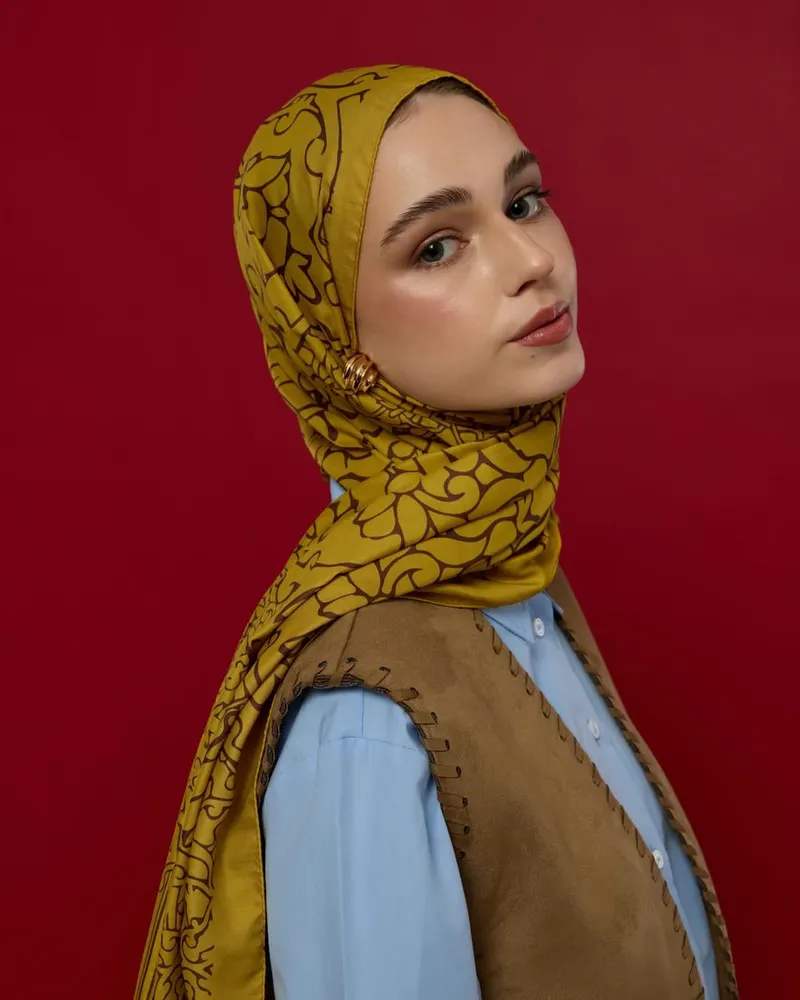 Saf Sarı & Buhur Kahvesi Harem Rüyası Desen Şal - 44