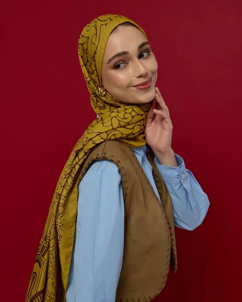 Saf Sarı & Buhur Kahvesi Harem Rüyası Desen Şal - 44