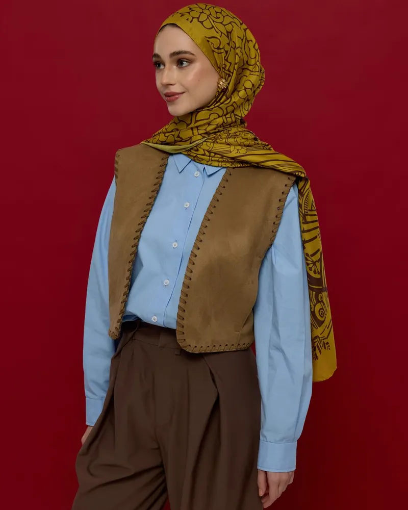 Saf Sarı & Buhur Kahvesi Harem Rüyası Desen Şal - 44