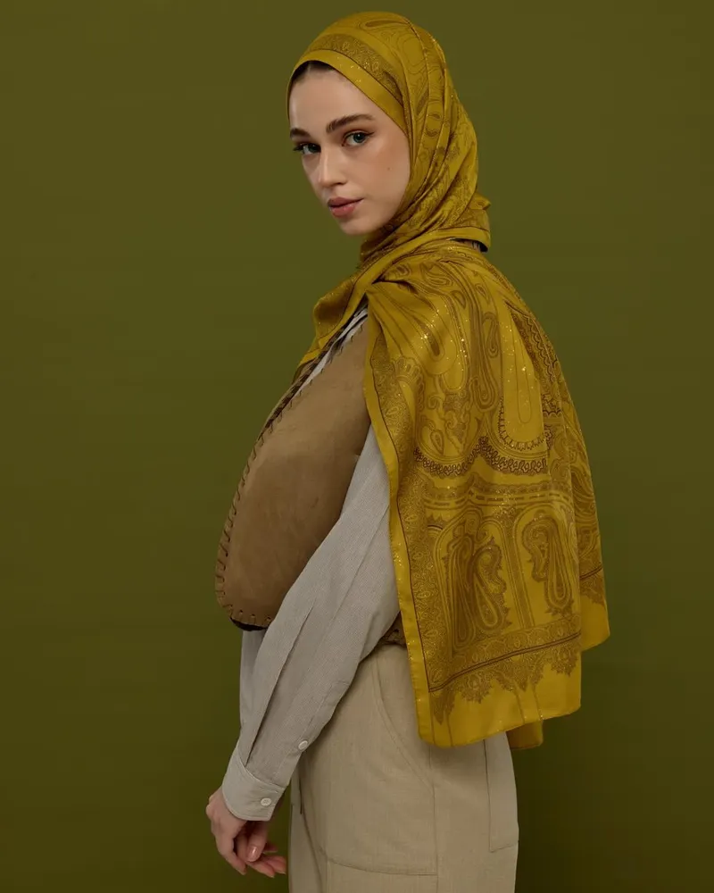 Saf Sarı & Buhur Kahvesi Hürrem Desen Şal - 44