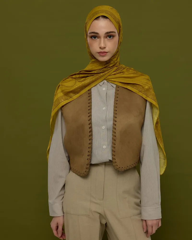 Saf Sarı & Buhur Kahvesi Hürrem Desen Şal - 44