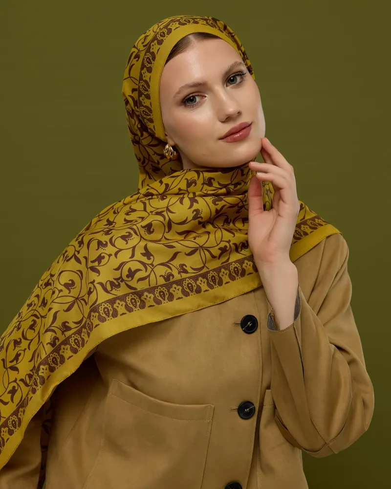 Saf Sarı & Buhur Kahvesi Lale Bahçesi Desen Şal - 44