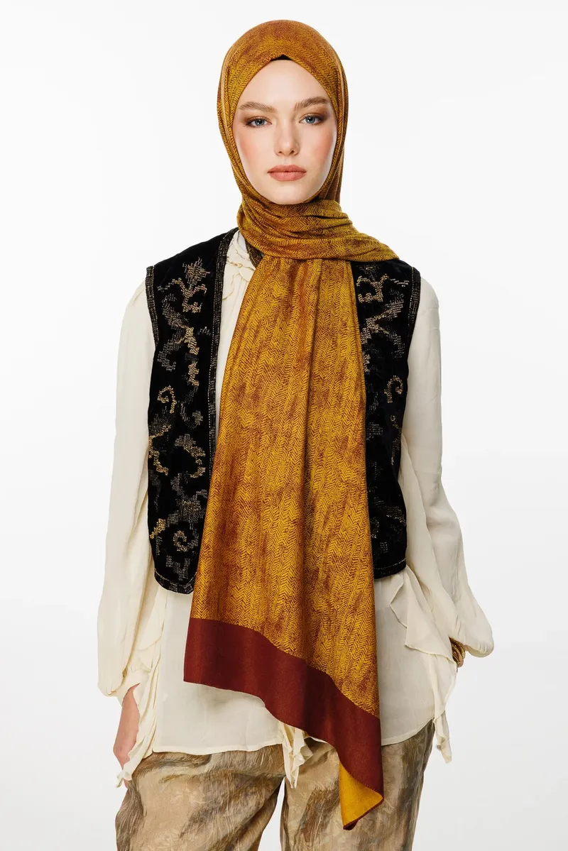 Mürdüm-Sarı Sahra Desen Çift Taraflı Şal