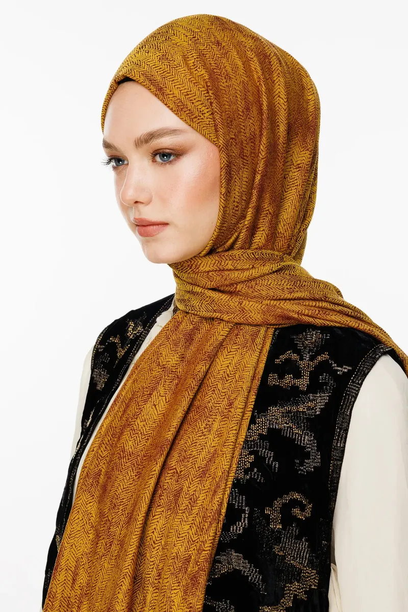 Mürdüm-Sarı Sahra Desen Çift Taraflı Şal