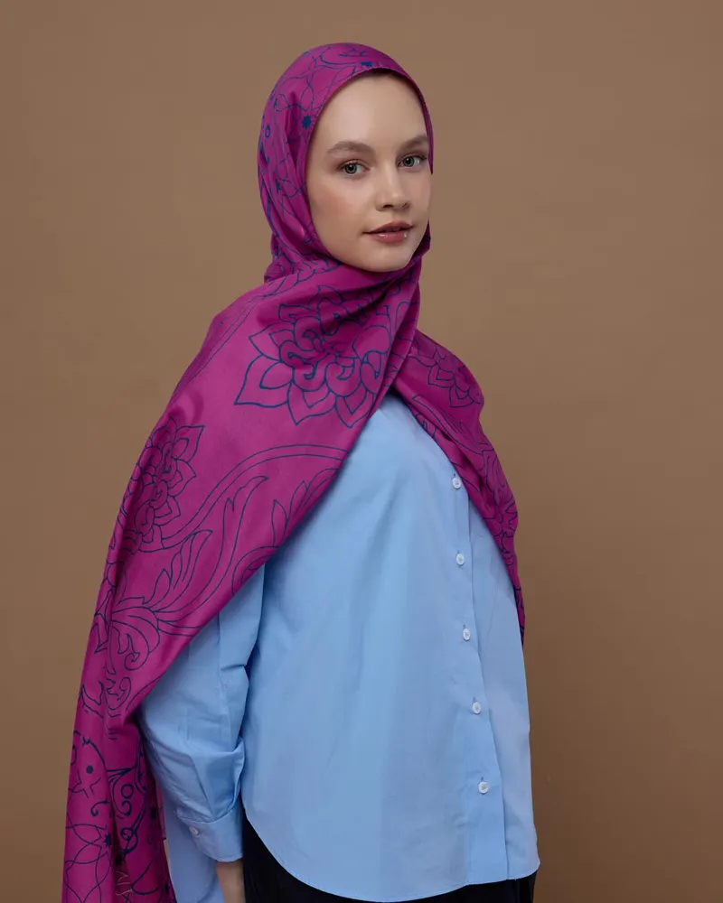 Şakayık Pembesi & Çini Mavisi Efsunlu Desen Şal - 06