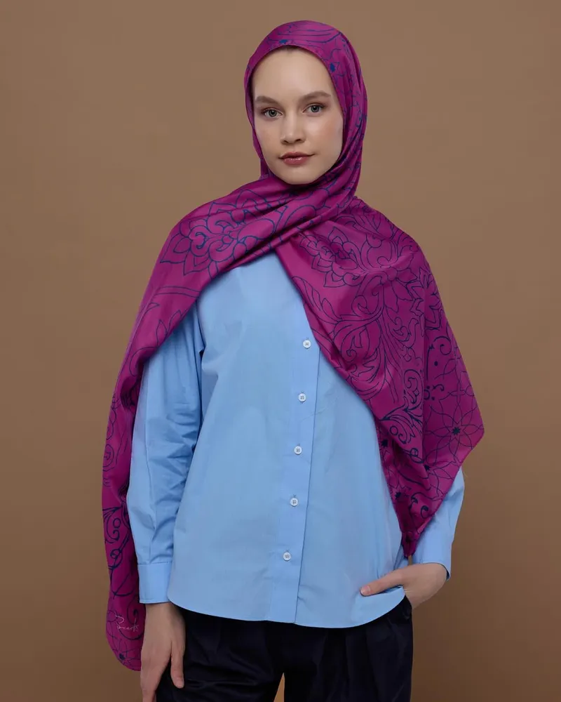 Şakayık Pembesi & Çini Mavisi Efsunlu Desen Şal - 06