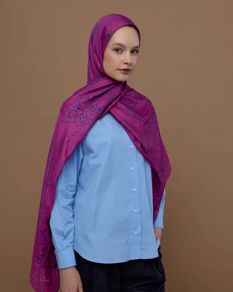 Şakayık Pembesi & Çini Mavisi Efsunlu Desen Şal - 06