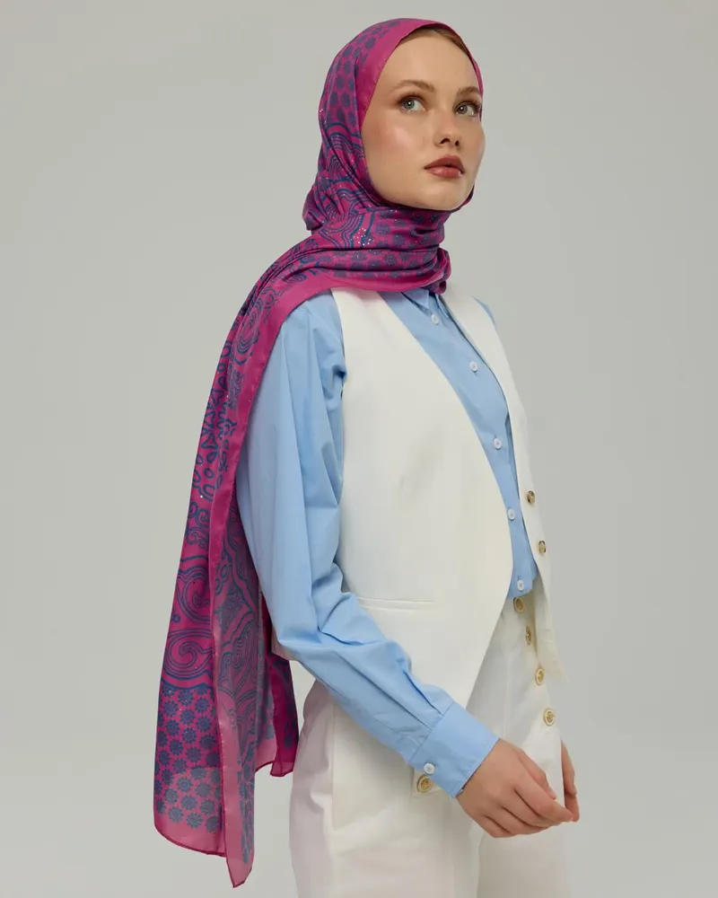 Şakayık Pembesi & Çini Mavisi Bala Hatun Desen Şal - 06